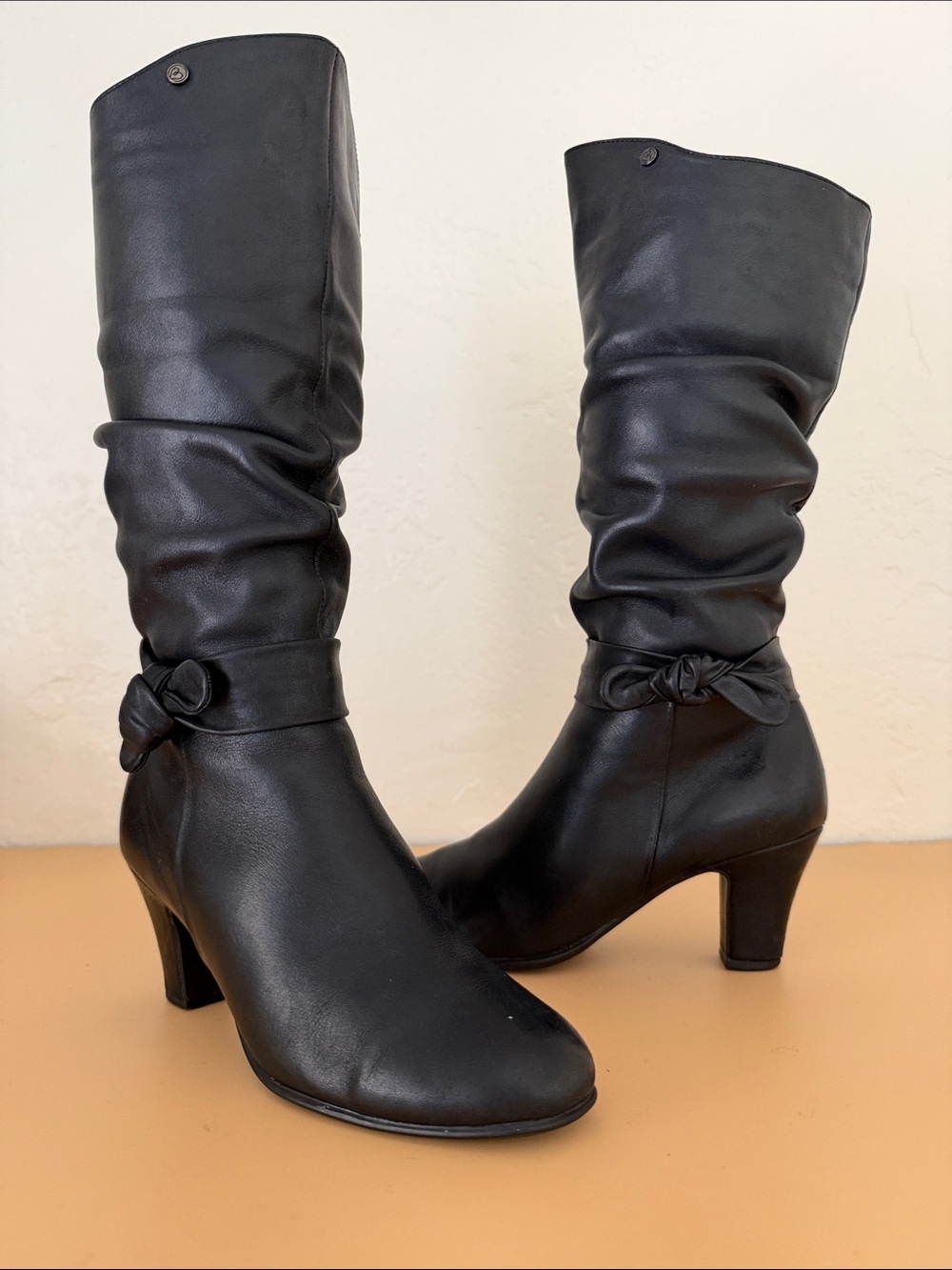 Blondo Black Mid-Calf Heeled Boots with Knot Accent